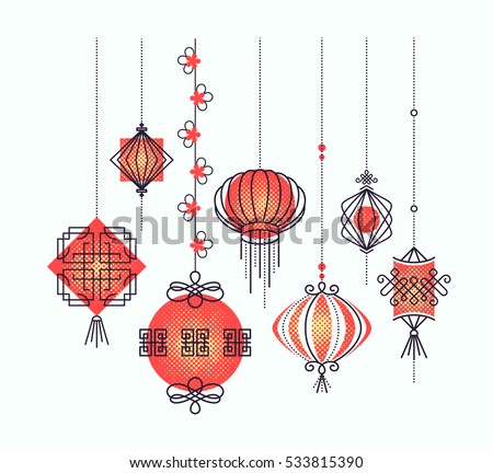 Vector set of asian street and holiday lanterns, chinese culture decorations. Monoline and halftone objects, no gradients. Easy to combine.