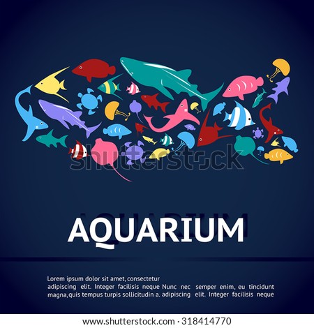 Aquarium infographic banner template layout with marine animal icon such as shark, sea turtle, jellyfish, ray, butterfly fish, angel fish in fish shape in deep blue water background (vector)