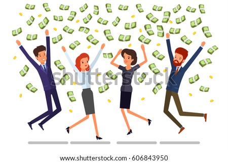 Concept of success. People jump and enjoy the rain out of money. Flat design, vector illustration.