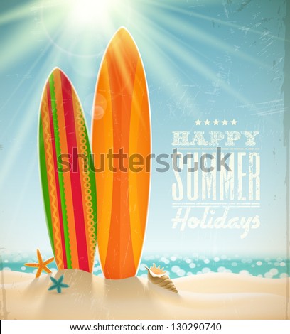 Vector holidays vintage design - surfboards on a beach against a sunny seascape