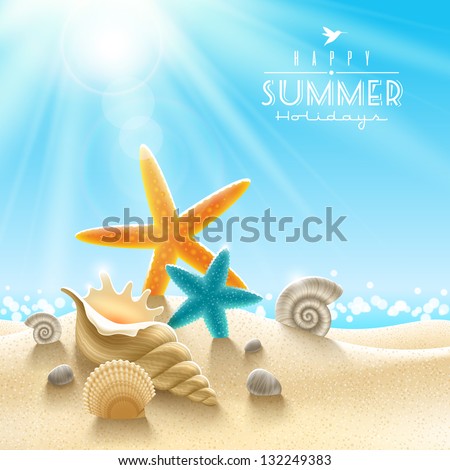 Summer holidays illustration - sea inhabitants on a beach sand against a sunny seascape