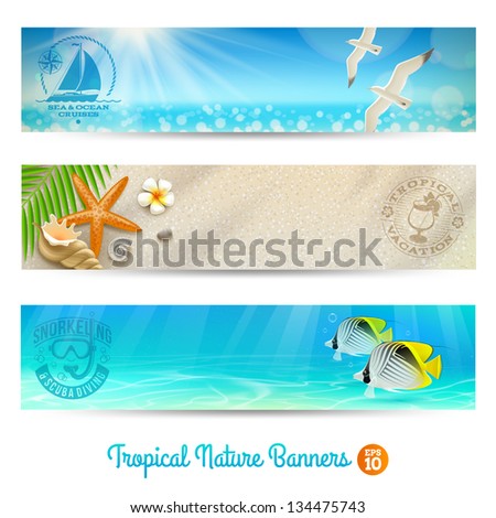 Travel and vacation vector banners with tropical natures