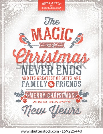Vector Christmas greeting card - holidays lettering on a winter snow background