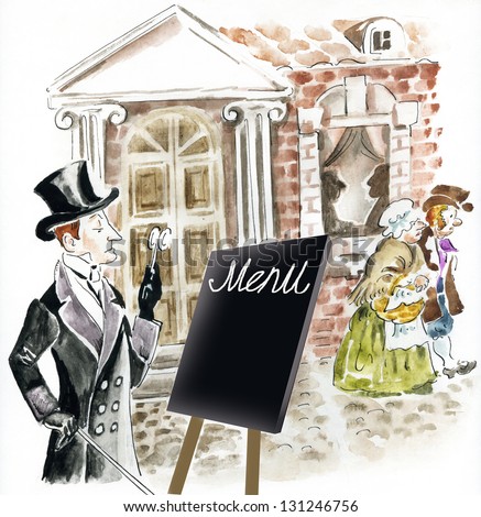 Victorian man standing on a city street and looking through old fashioned monocle at restaurant menu