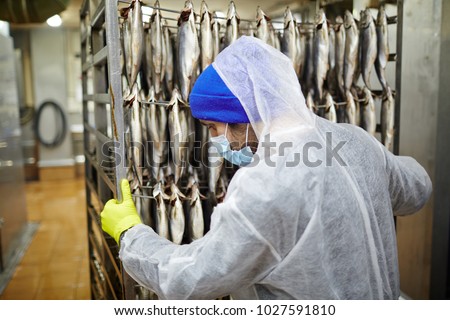 Young fish factory staff in uniform pushing cart with fresh mackerels on wires
