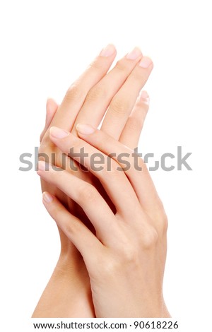 Image of female manicured hands on white background