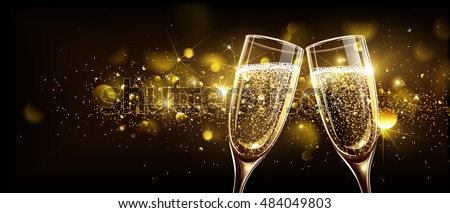 Glasses of champagne on bright background with bokeh effect. Vector illustration