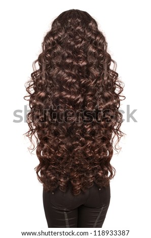Beautiful Brunette Girl with extra long curly healthy dark Hair. Isolated portrait of woman with gorgeouse hairstyle in studio on whit background