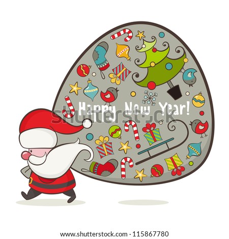 Santa Claus and bag with gifts. EPS 8 vector illustration for Christmas design.