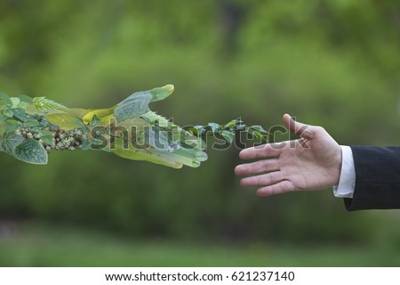 Hand of a businessman reach out towards hand of the nature