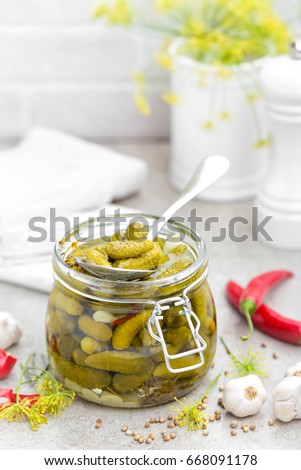 Pickled cucumbers, small marinated pickles, gherkins