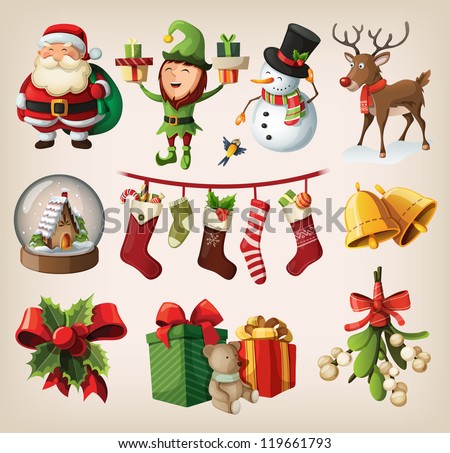 Set of colorful christmas characters and decorations