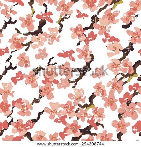 Hand painted sakura seamless pattern on white background. All objects are conveniently grouped and are easily editable.