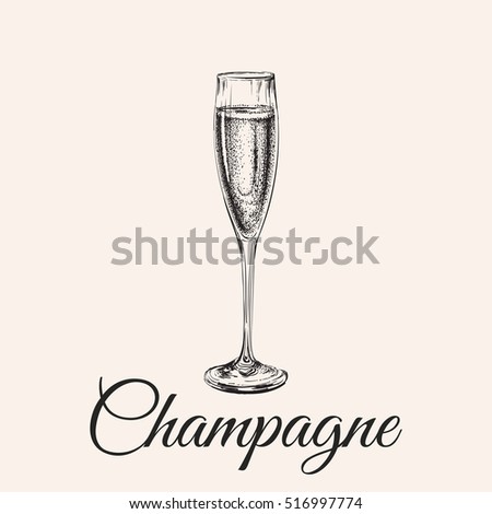Champagne Glass Hand Drawing Vector Illustration Bubbles. Alcoholic Drink.
