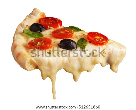 A hot pizza slice with dripping melted cheese. Isolated on white.