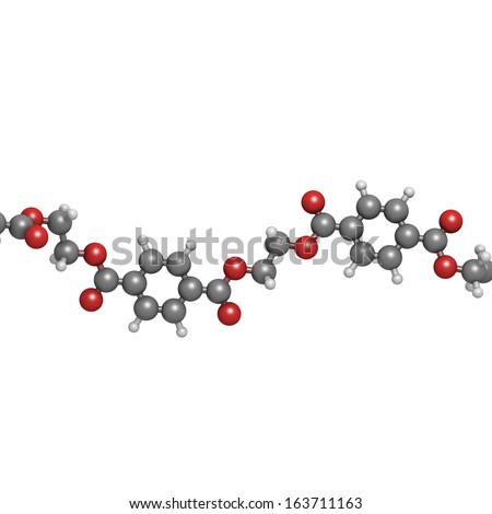 Polyethylene terephthalate (PET, PETE) polyester plastic, chemical structure - linear fragment (detail). Mainly used in synthetic fibers and plastic bottles. Atoms are represented as spheres