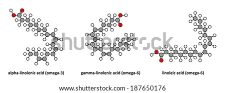Ácido alfa-linolênico (ômega-3, ALA), gama-linolênico (ômega-6) e linoléico (ômega-6).  Renderizações 2D estilizadas.