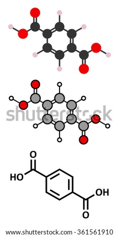Terephthalic acid, polyester (PET, polyethylene terephthalate) plastic building block. Stylized 2D renderings and conventional skeletal formula.