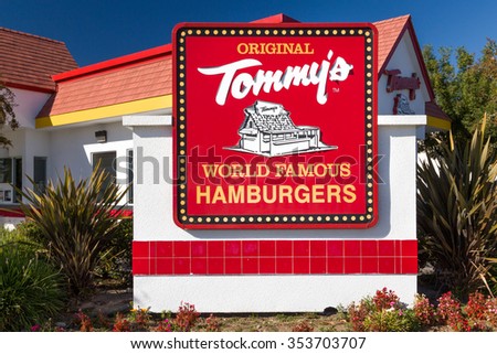 MONROVIA, CA/USA - NOVEMBER 22, 2015: Original Tommy's restaurant exterior and sign. Tommy's is a hamburger restaurant chain in Southern California.