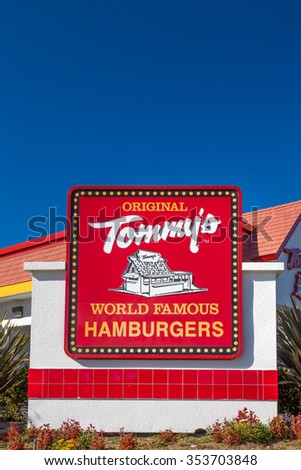 MONROVIA, CA/USA - NOVEMBER 22, 2015: Original Tommy's restaurant exterior and sign. Tommy's is a hamburger restaurant chain in Southern California.