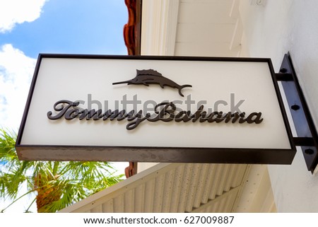FORT LAUDERDALE, FLA/USA - APRIL 10, 2017: Tommy Bahama exterior store sign and logo. Tommy Bahama is a Seattle-based manufacturer of casual, men's and women's clothing.