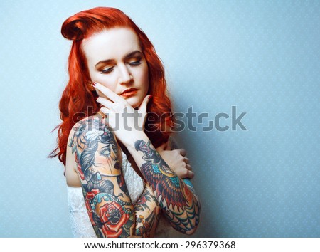 Beautiful Girl Stylish Makeup Tattooed Arms Stock Photo 149893208 ...