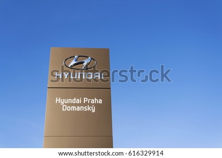PRAGUE, CZECH REPUBLIC - MARCH 31: Hyundai company logo in front of dealership building on November 7, 2016 in Prague, Czech republic. Hyundai plans new platform for long range EVs and Genesis.