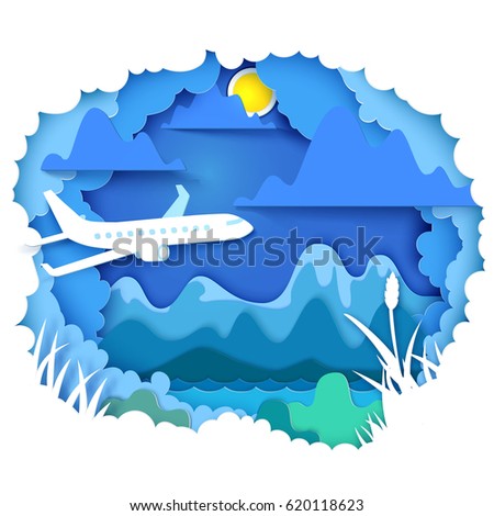 Vector illustration. Paper art and craft style. Cloudy sky appears through layers with airplane. Mountains, sun, river - landscape concept. Paper cut for the theme of travel, vacation, adventure