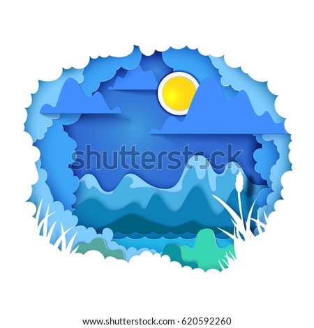 Vector illustration. Paper art and craft style. Cloudy sky appears through layers. Mountains, sun, river - landscape concept. Paper cut for the theme of travel, vacation, adventure. Tunnel book