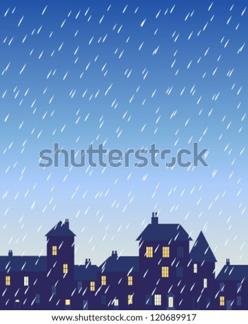 a vector illustration in eps 10 format of a rainy day in a city with various shaped buildings and houses with lighted windows under a stormy sky