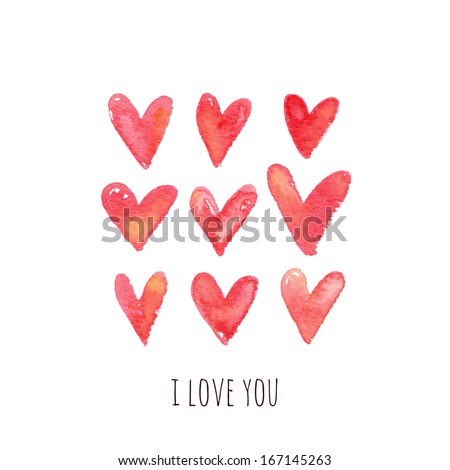Stylish greeting card with red watercolor hearts. Vector illustration