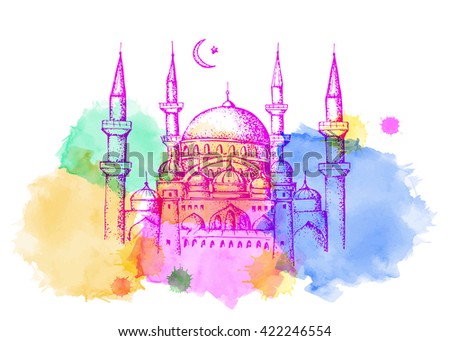 Ramadan Kareem Mosque Night Bright Watercolor Stock Vector 