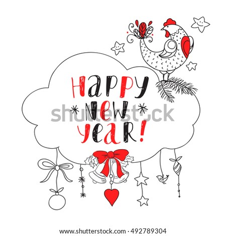 New Year vector card. 2017 year of rooster. Black and white background with rooster and Christmas decoration elements. Handwritten inscription Happy New Year. Modern calligraphy.
