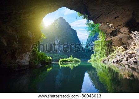 Beautiful view on the mountain from the grotto. Tam coc national park. Vietnam