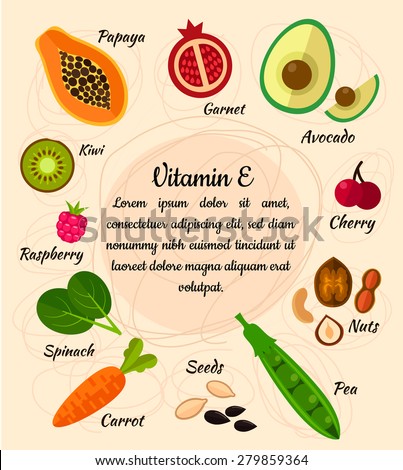 Infographic set of vitamin E and useful products: cherry, pea, carrot, avocado, garnet, nuts, sunflower seed, raspberry, olive, kiwi, spinach, papaya. Healthy lifestyle and diet vector concept.
