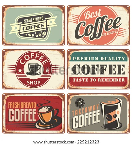 stock vector set of vintage cafe tin signs retro coffee shop design concept on old metal background 225212323