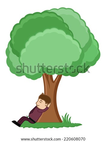 Man Taking Rest Under a Tree - Cartoon Vector Illusatrtion - stock vector