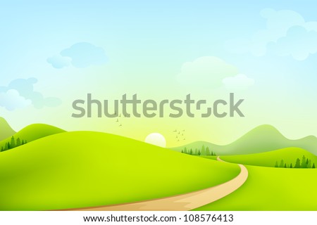 vector illustration of green landscape of sunny morning