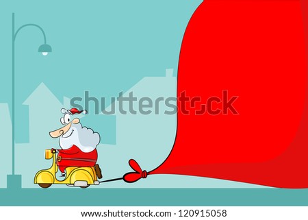 vector illustration of Santa Claus driving moped with Christmas bag