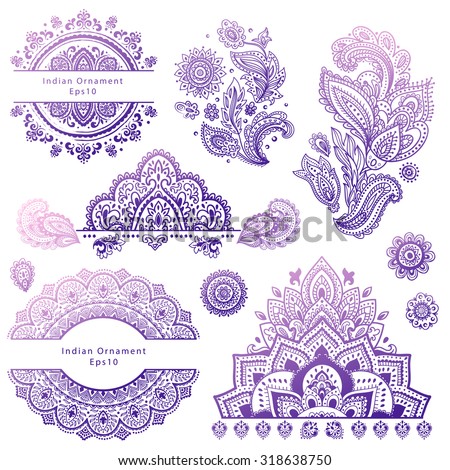 Set of vector Indian floral ornaments. Mandala. Henna