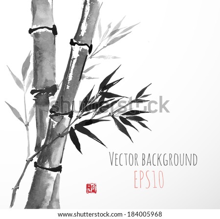 Card with bamboo in sumi-e style. Hand-drawn with ink. Vector illustration.