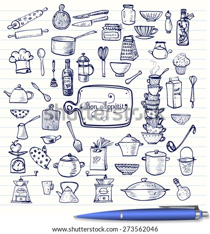 Big Set Kitchen Utensils Sketches Handdrawn Stock Vector 273562046 