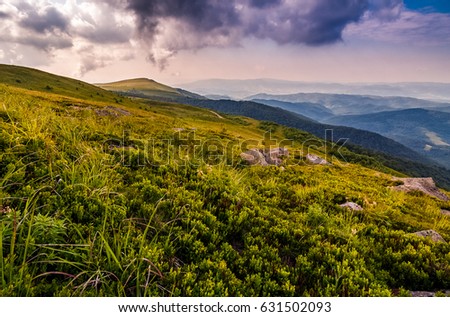 huge stones among the grass on top of the hillside meadow near the edge of a mountain. vivid summer landscape at sunset