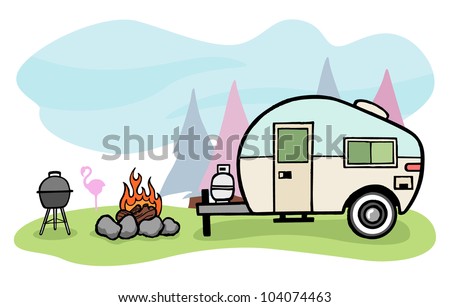 Vintage Style Camper Trailer And Camping Scene Vintage Style Camper Trailer And Camping Scene