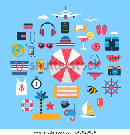 set of flat vector icons for summer travel
