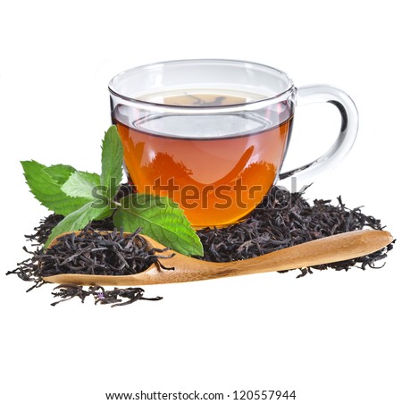 Glass Cup Tea with Mint Leaf, Isolated on White Background.