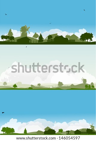 set of landscapes with trees and village
