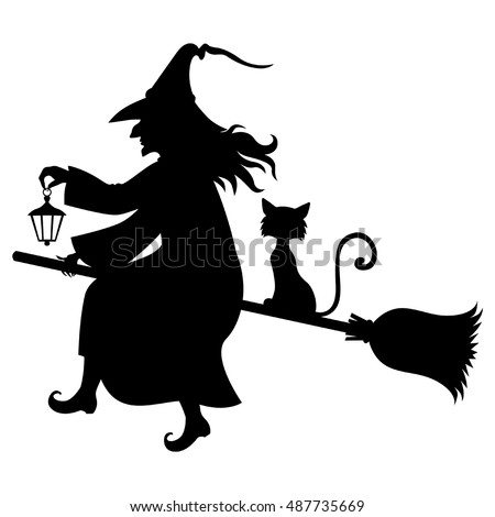 Vector Illustrations Of Halloween Silhouette Witch And Cat Flying On Broomstick