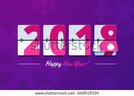 Happy New Year 2018 scoreboard vector illustration. Mechanical clock on digits board panel in flat style. Design for greeting card, poster or web pages for celebrating 2018 year.