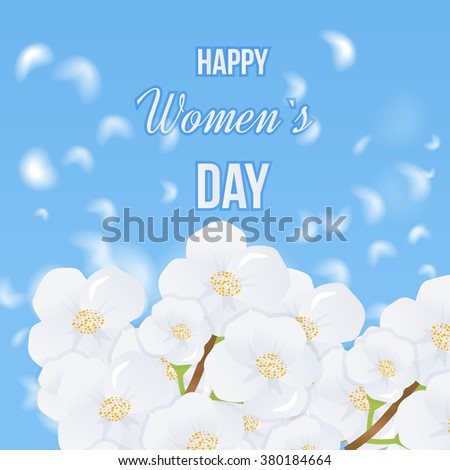Spring white flowers the blue sky background. International Happy Women's Day concept with stylish floral decorated text 8th March. Spring flowers.